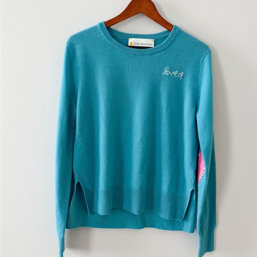 Kerri Rosenthal 100% Cashmere Turquoise Blue Patchwork Sweater Pullover
